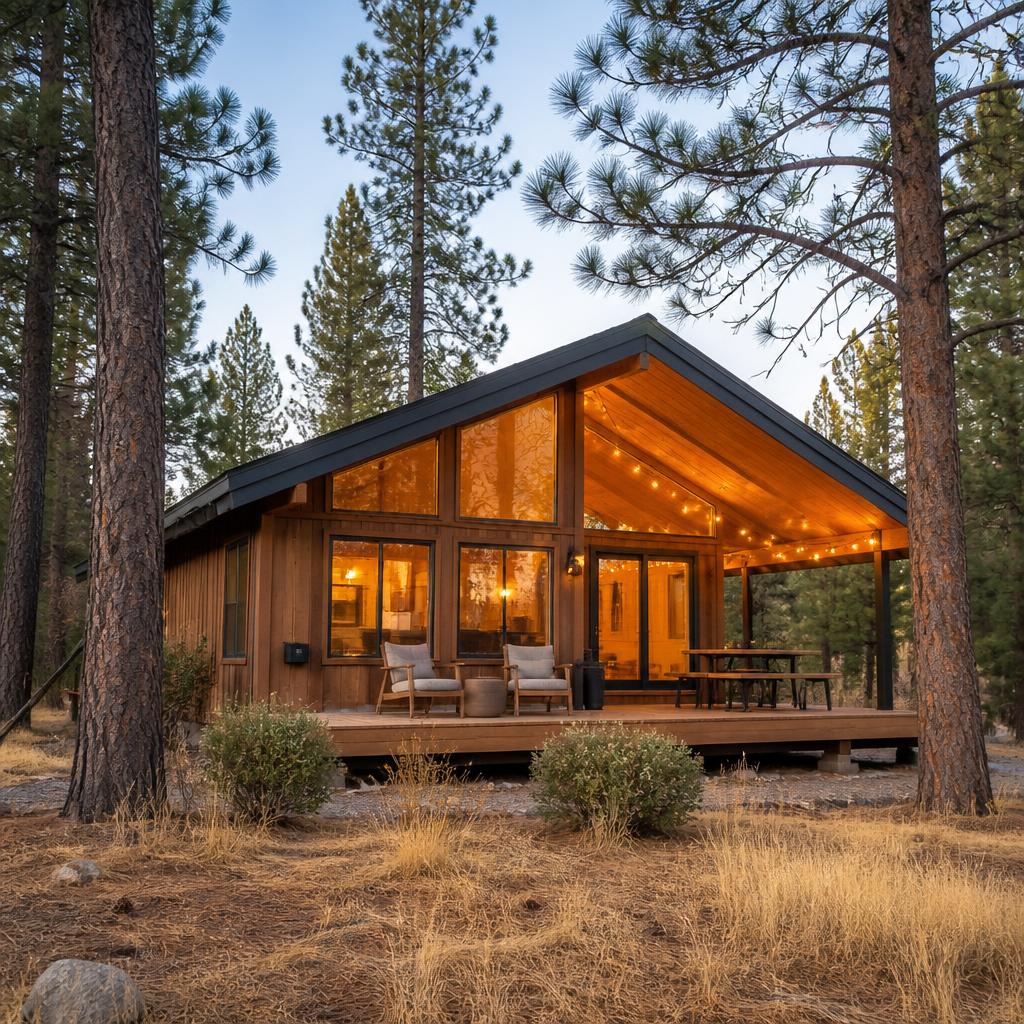 Sunlit cabin exterior surrounded by pines in Wrightwood